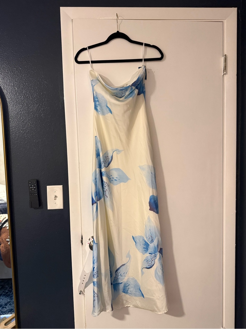 Cream Strapless Slip Dress with Blue Floral Print